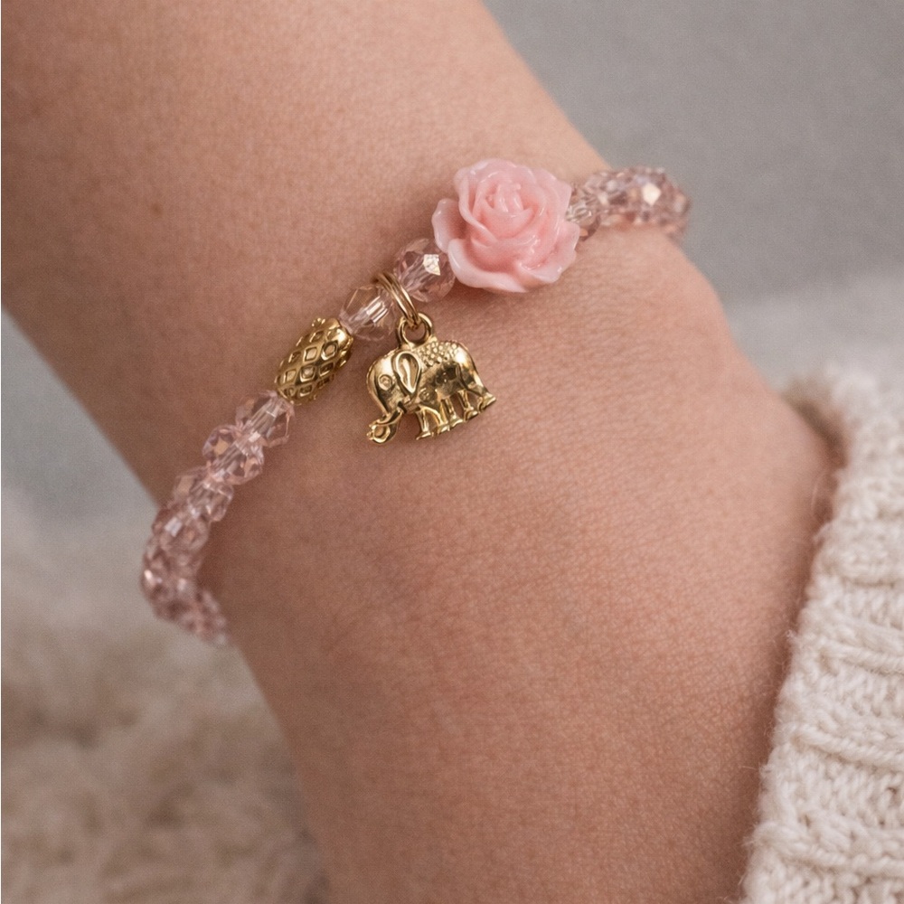 Pink Beaded Stretchy Bracelet with Elephant Charm